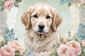 Golden retriever surrounded by pink and blue florals in a delicate, artistic setting capturing a serene moment