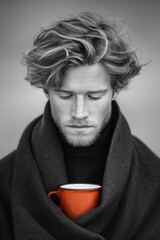 Stylized portrait of a man with red enamel mug, ideal for hipster-themed content, conceptual stories, or lifestyle campaigns.