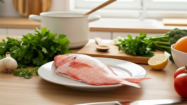 red snapper fish on ice with fresh lemon, parsley, and bell pepper, ready for cooking and meal preparation.