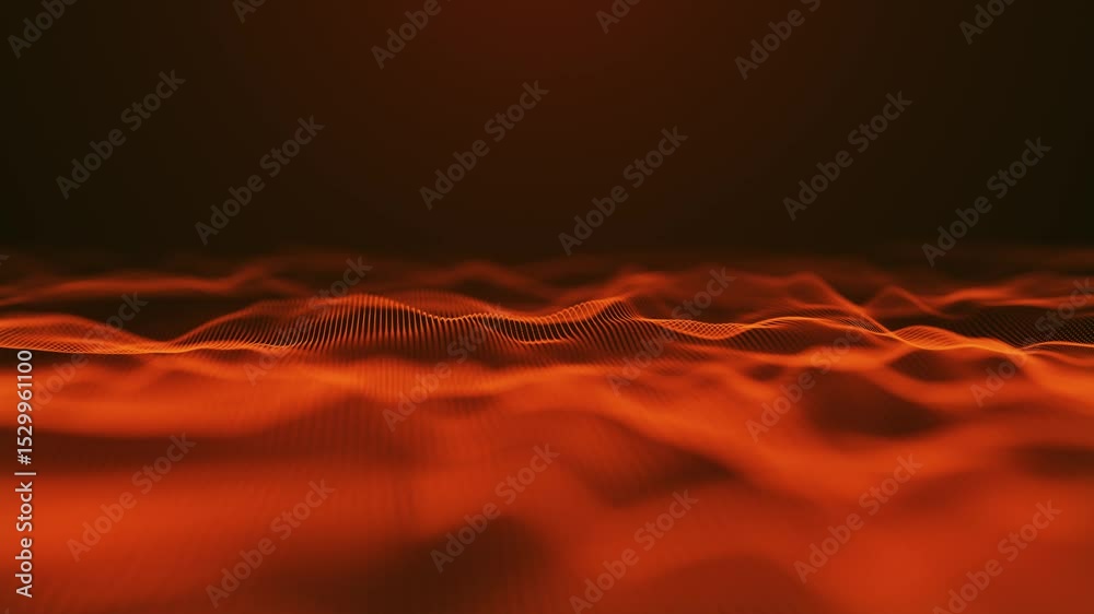Poster abstract digital wave pattern that features moving illuminated red dots on a dark background creatin