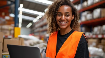 "Smiling worker at a warehouse with laptop."