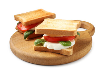 Tasty sandwiches with mozzarella cheese, tomatoes and basil on white background