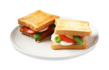 Tasty sandwiches with mozzarella cheese, tomatoes and basil on white background