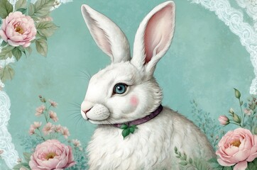 White rabbit with blue eyes surrounded by flowers on a textured background in a serene setting