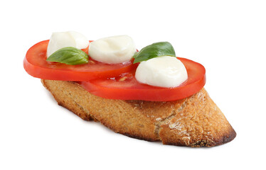 Tasty sandwich with mozzarella cheese, tomato and basil on white background