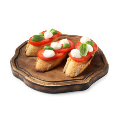 Tasty sandwiches with mozzarella cheese, tomatoes and basil on white background