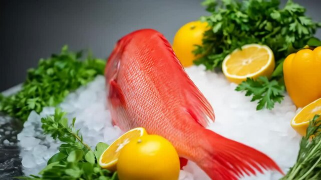 red snapper fish on ice with fresh lemon, parsley, and bell pepper, ready for cooking and meal preparation.