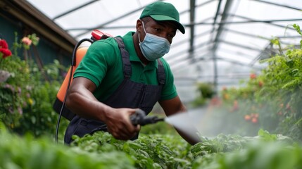 A person in a green uniform working with plants or produce in an indoor garden area.