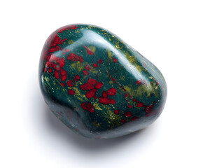 Polished Bloodstone Gemstone: Green & Red Mineral Specimen on White Background - Healing Crystal, Metaphysical Properties, Jewelry Design