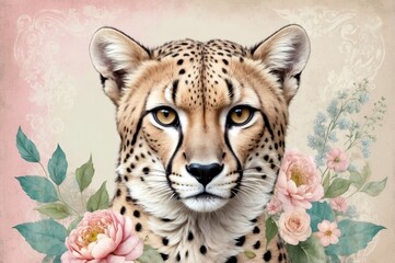Cheetah with floral backdrop displays elegance and strength in a beautifully composed artwork
