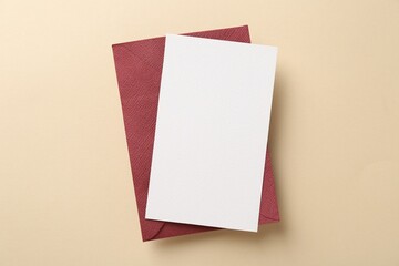 Blank invitation card and envelope on beige background, top view
