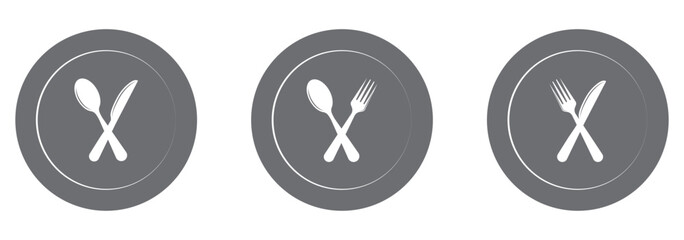 Tableware thin line icon set of fork, knife, spoon. Logotype menu. Cutlery and crockery sign. Flat style eating utensils symbol collection. Vector illustration