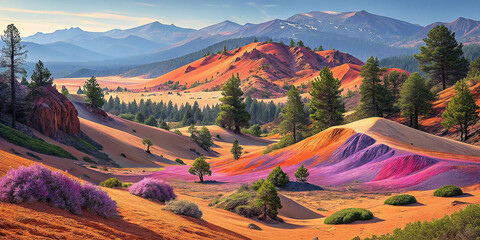 Fototapeta premium Colorful Mountain Landscape with Vibrant Purple Flowers and Trees