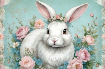 White rabbit surrounded by colorful flowers in a whimsical, dream-like setting evokes a sense of enchantment and beauty in nature