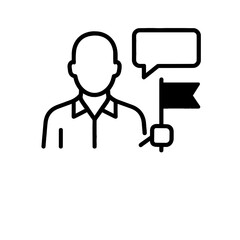 Male figure holding flag with speech bubble in minimal outline style. Tour guide  