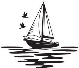 Silhouette of a sailboat on calm water with birds in flight
