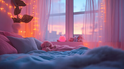 Cozy Bedroom Sunset Scene with Soft Lighting and Toys
