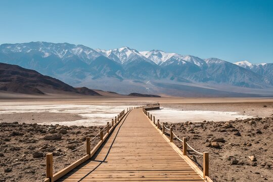 Wooden boardwalk leading through the arid landscape towards snow capped mountain peaks
