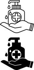Hydroalcoholic Gel Icons. Black and White Vector Illustrations. Hand Disinfection Solution. Human Hand and Disinfectant. Hygiene Concept