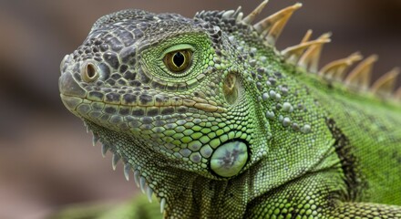 Obraz premium Close-up of iguana's head. Green scales and sharp spines