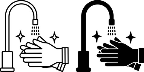 Sanitation Icons. Black and White Vector Illustration. Man Washing Hands Under Tap. Disinfection, Cleanliness. Hygiene Concept