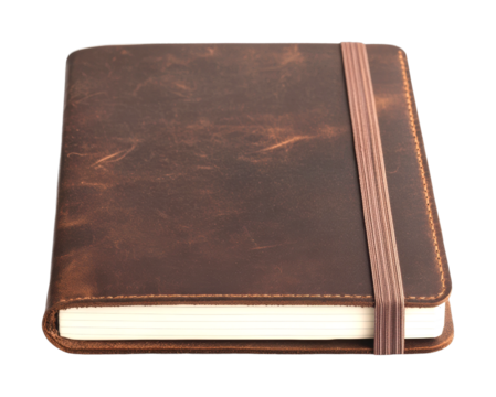 Writing notes in a leather journal home office product cozy environment isolated on transparent background