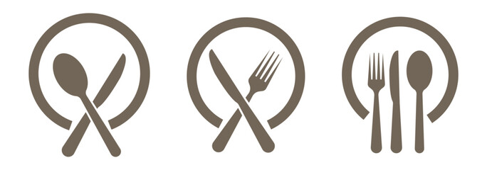 Food, plate, fork, knife, spoon, cutlery icon set. Black simple illustration for dinner, eating food, cafe, restaurant. Illustration EPS 10