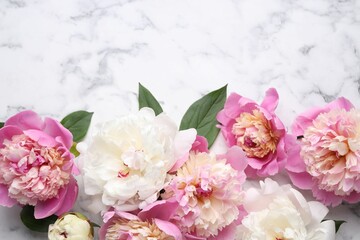 Beautiful peonies and green leaves on white marble table, flat lay. Space for text