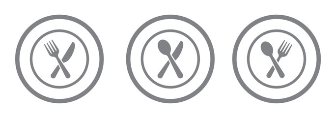 Food, plate, fork, knife, spoon, cutlery icon set. Black simple illustration for dinner, eating food, cafe, restaurant. Illustration EPS 10