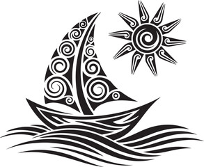 Ornate sailboat with sun design, perfect for tattoos or prints.