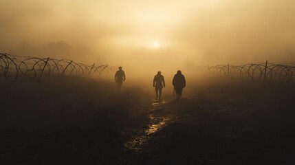 World War I battlefield trenches soldiers in muddy uniforms barbed wire barren landscape smoky atmosphere historically accurate weapons and gear photorealistic war zone