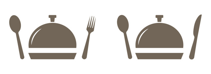 Fork and spoon icon set. Eatery symbol. Kitchen utensil vector illustration. Tableware serving sign. Crossed fork and spoon pictogram. Menu button