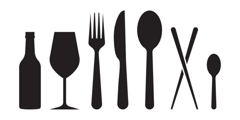 Fork and spoon icon set. Eatery symbol. Kitchen utensil vector illustration. Tableware serving sign. Crossed fork and spoon pictogram. Menu button
