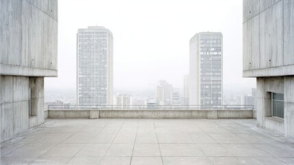 Brutalist urban skyline featuring concrete rooftop framing geometric towers rising against hazy metropolitan backdrop, highlighting architectural minimalism