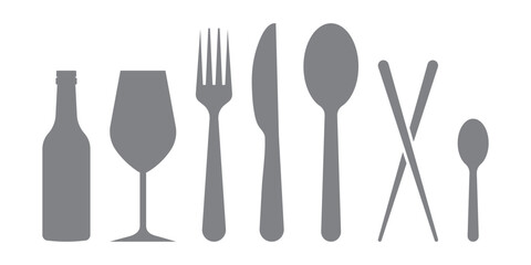 Fork and spoon icon set. Eatery symbol. Kitchen utensil vector illustration. Tableware serving sign. Crossed fork and spoon pictogram. Menu button