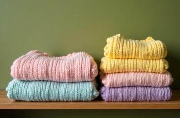 A stack of multicolored knitted sweaters in bed shades of yellow, pink, blue and green is neatly laid out on a wooden shelf against a green wall.