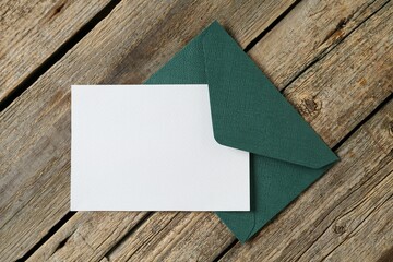 Blank invitation card and envelope on wooden table, top view. Space for design