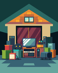A cluttered garage with piles of old and unused TV sets VCRs and DVD players taking up space.. Vector illustration