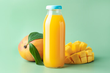 Tasty mango juice in glass bottle and fresh fruits on green background