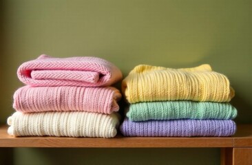 A stack of multicolored knitted sweaters in bed shades of yellow, pink, blue and green is neatly laid out on a wooden shelf against a green wall.