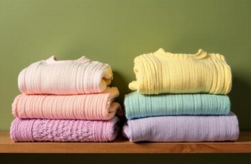A stack of multicolored knitted sweaters in bed shades of yellow, pink, blue and green is neatly laid out on a wooden shelf against a green wall.
