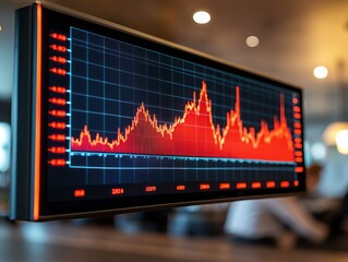 A large digital display shows a red line graph fluctuating, possibly depicting stock market data, in a blurred background of an office environment
