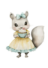 Adorable Squirrel Character with Frosted Cupcake. Watercolor illustration of a cute squirrel wearing a yellow dress and blue bow holding a cupcake with frosting.