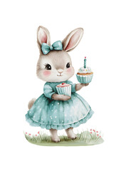 Cute Bunny in Blue Dress Holding Birthday Cupcakes. Watercolor illustration of a cute bunny wearing a blue dress and bow, holding cupcakes with one lit candle, standing on grass.