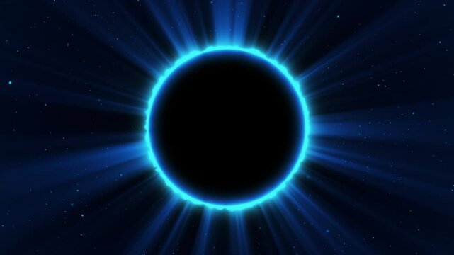 Abstract fantasy background. Amazing scientific natural phenomenon. Total solar eclipse with bright ring effect glowing with rays. Solar corona is visible. Space animated background in 4K.