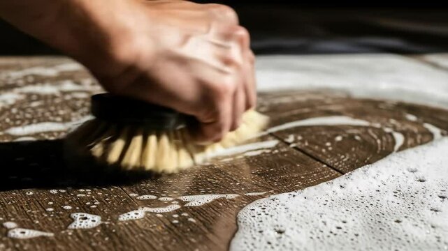 Man hand scrubbing a wooden surface with a brush and cleaning foam. Home cleaning and maintenance concept footage.