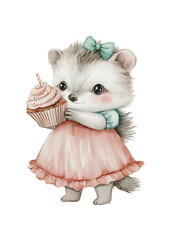 Watercolor Hedgehog in Pink Dress with Birthday Cupcake. Watercolor illustration of a cute baby hedgehog in a pink dress holding a frosted cupcake with a candle.