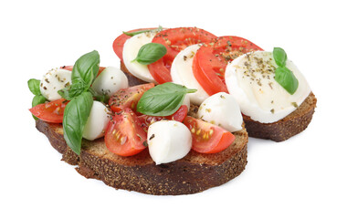 Tasty sandwiches with mozzarella cheese, tomatoes, basil and spices isolated on white