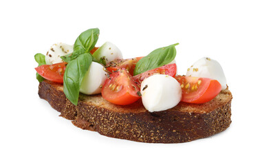Tasty sandwich with mozzarella cheese, tomatoes, basil and spices isolated on white
