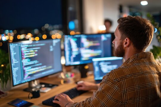 Developer working late at a desk illuminated by multiple computer screens in a city apartment